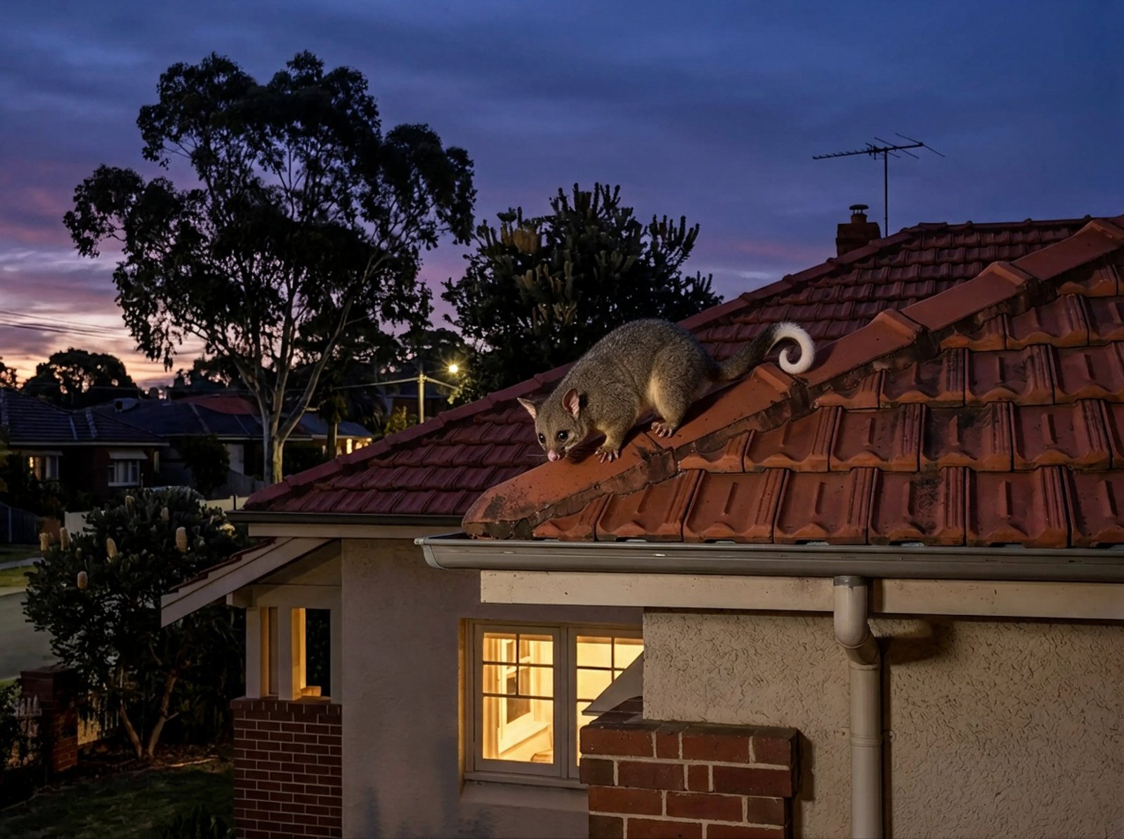 Brushtail possum on a suburban Melbourne roof at dusk